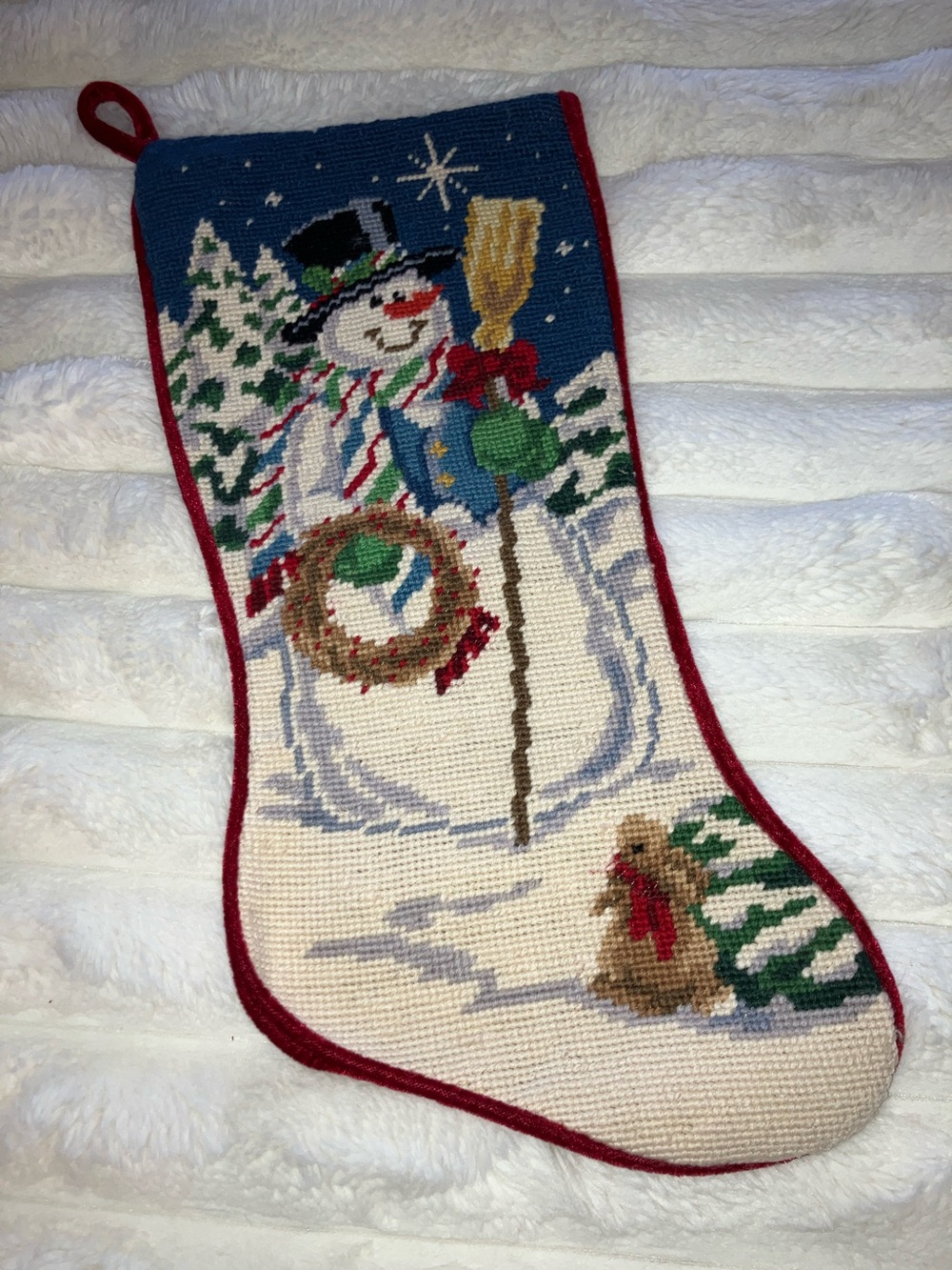Holiday Snowman Needlepoint Christmas Stocking - Red Trim